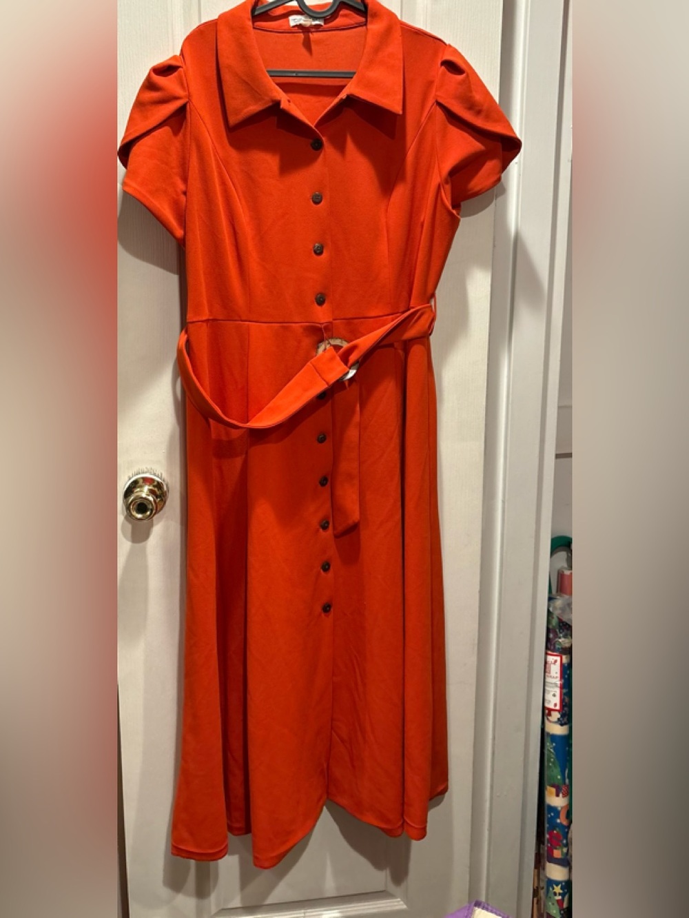 Calvin Klein Bright Orange Button-Front Maxi Dress with Waist Tie
